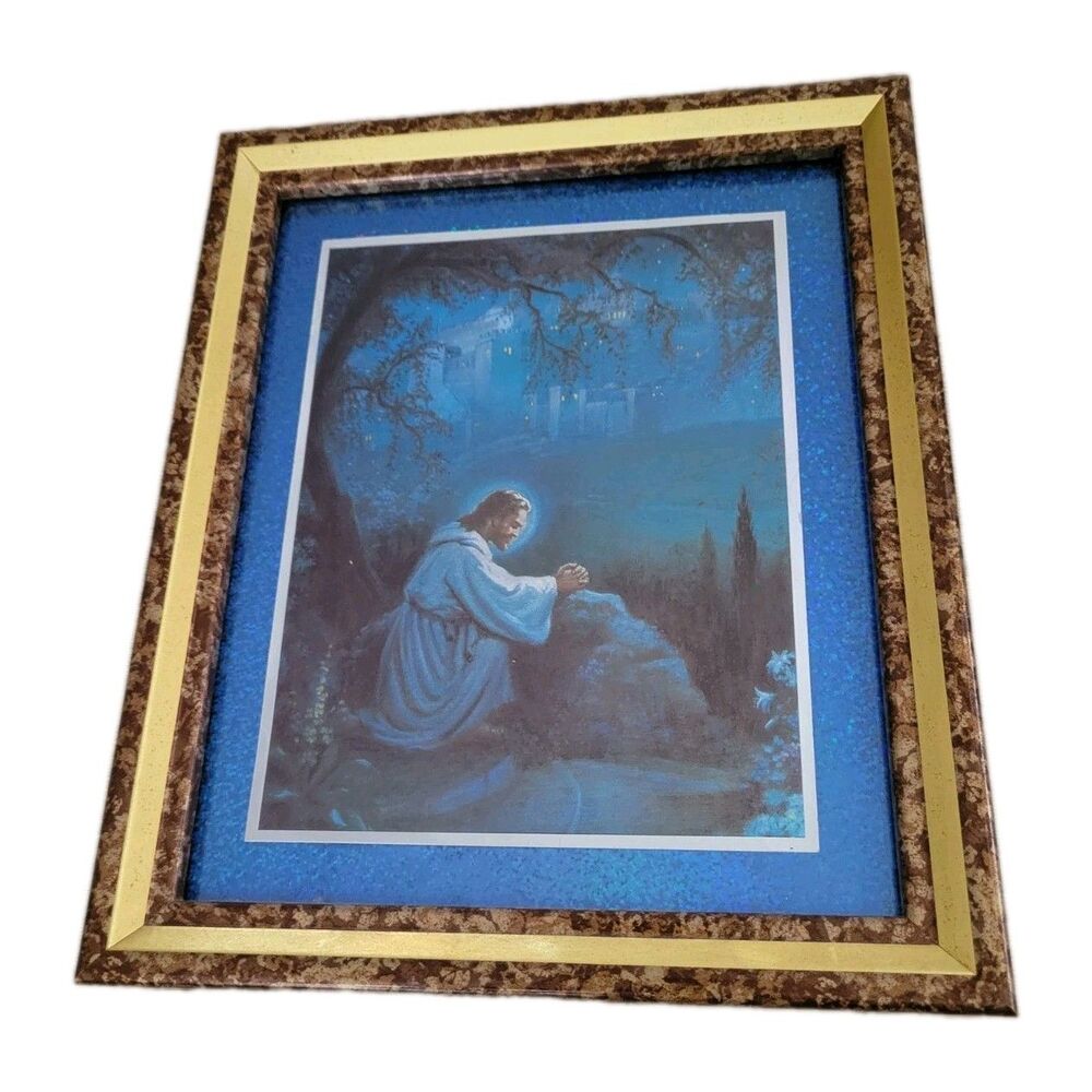 Vintage Dufex Framed Jesus Praying Foil Artwork Gethsemane Religious 11.5x9.5